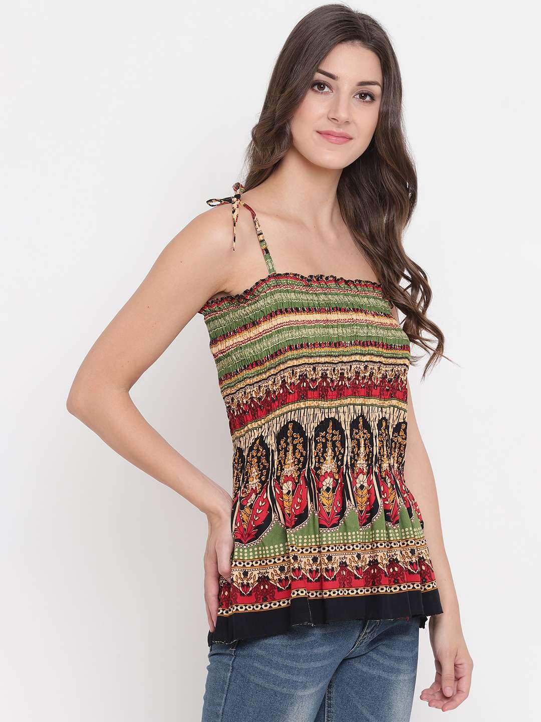 Women's Rayon Printed Casual Summer Style Tie Shoulder Straps Free Size Tank Top ( Multi4)